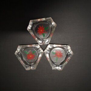 Vintage 1960 Set of 3 Poinsettia Small Glass Ashtrays Unbranded